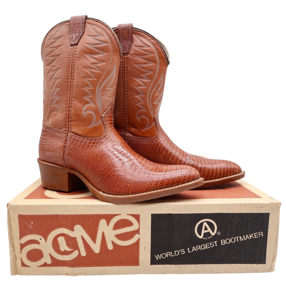 Acme Vintage Western Cowboy Boots Kids 2.5 D Brown Leather Deadstock NWT